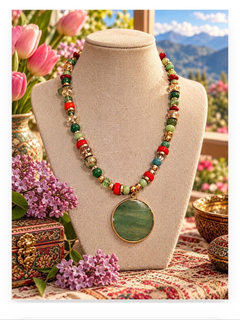 Artisan Handcrafted Green Stone Pendant Beaded Necklace - Multicolor